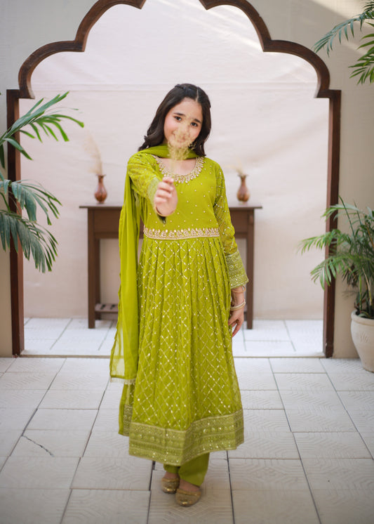 Olive Green Long Frock 3pcs KST 181
