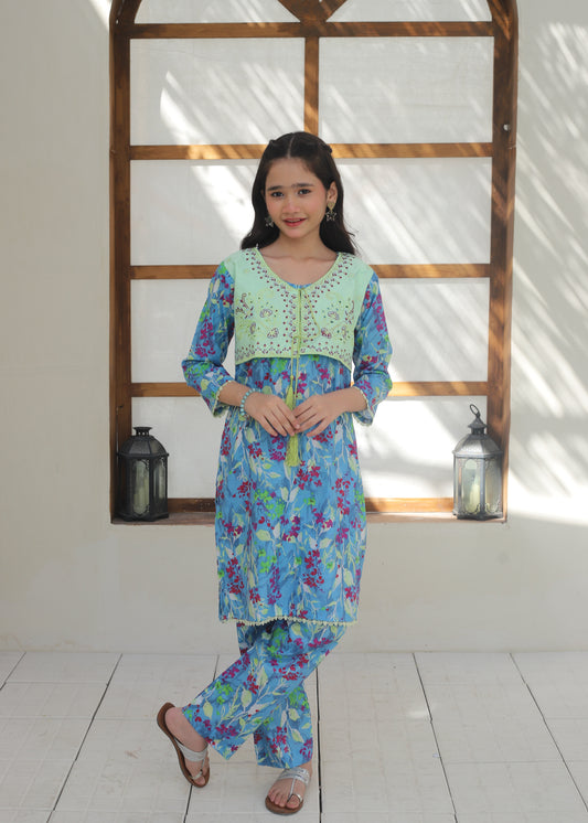 Blue Lagon & Mint Green Koti Style 2Pcs Suit KST 137
