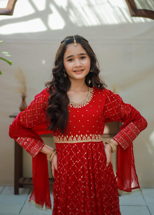 Red Long Frock 3pcs KST 177