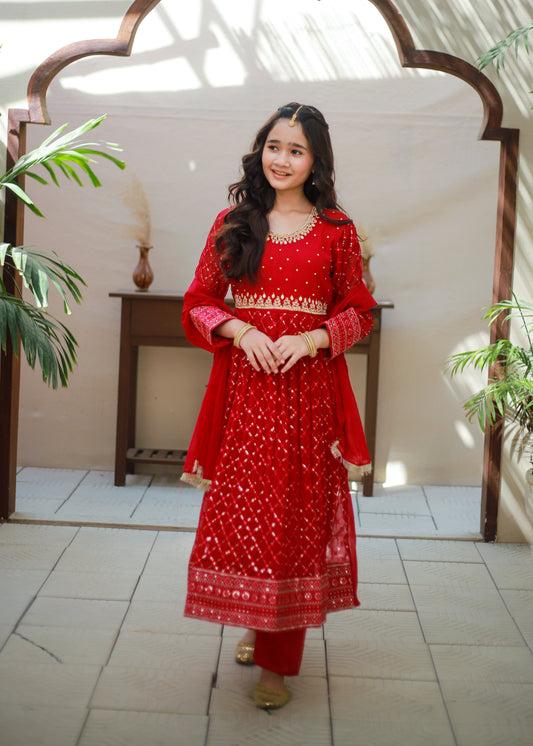 Red Long Frock 3pcs KST 177