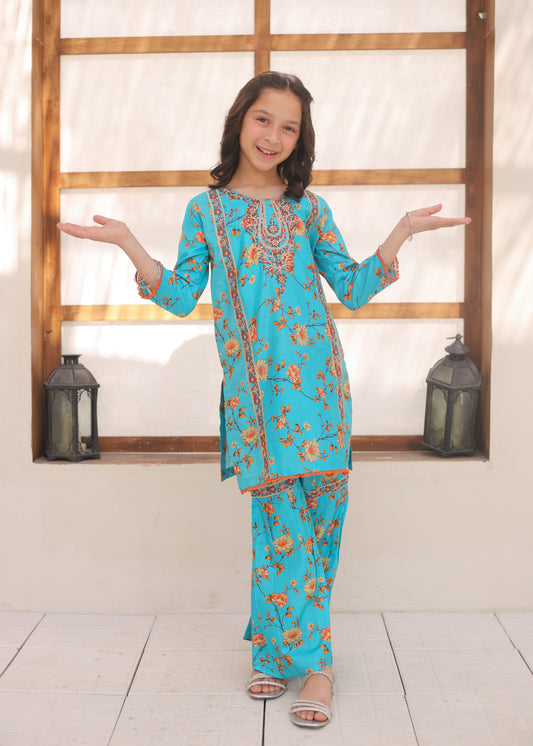 Turquoise Blue Embroidered Gharara KST 149