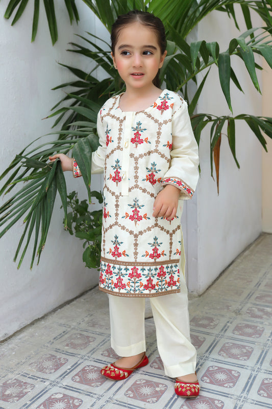 Floral White 2pcs Embroidered Suit KST 076
