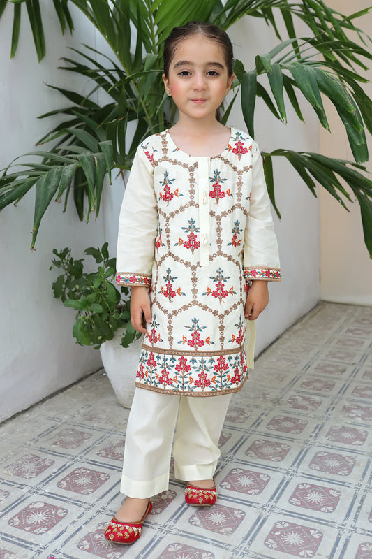 Floral White 2pcs Embroidered Suit KST 076