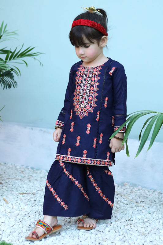 Navy Blue Embroidered Gharara KST 084