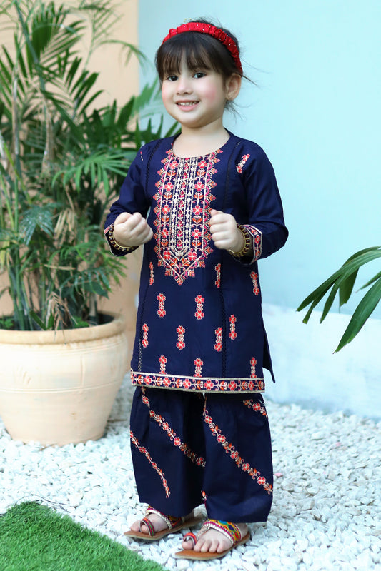 Navy Blue Embroidered Gharara KST 084