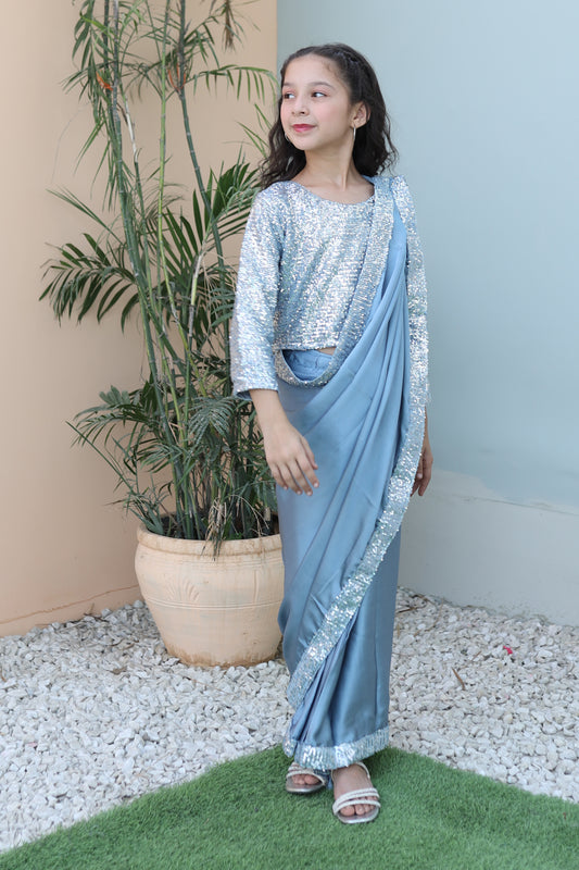 Ice Blue Sequence Saree Sk 002
