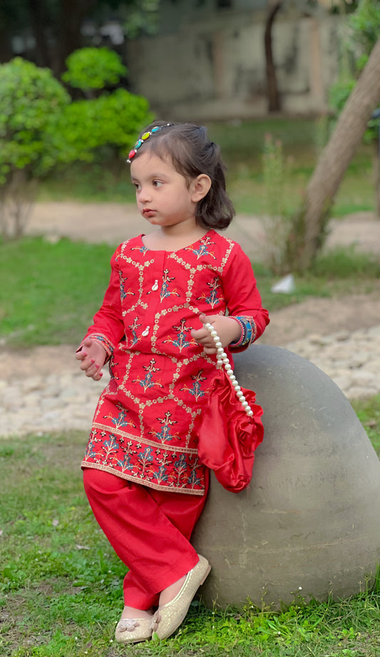 Tomato Red Embroidered 2Pcs Suit KST 083