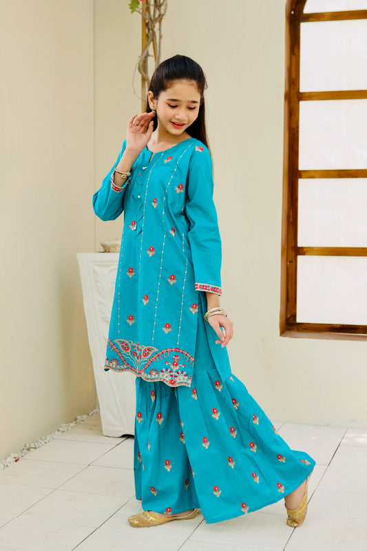 Dark Cyan Embroidered Gharara KST 116