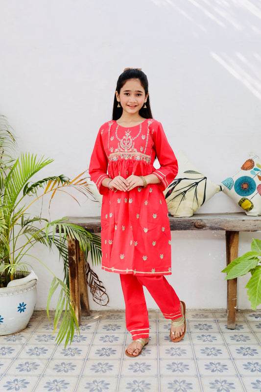 Poppy Red Embroidered 2Pcs Suit KST 110