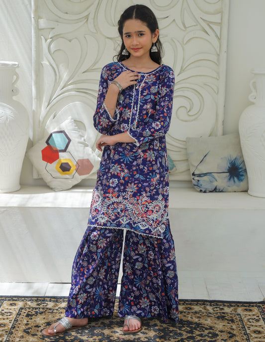 Cobalt Blue Embroidered Gharara KST 194