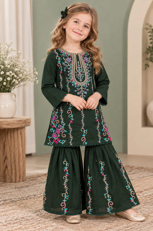 Dark Green Embroidered Gharara KST 229