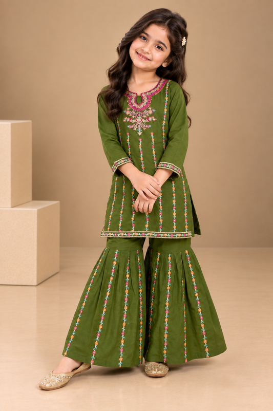 Green Embroidered Gharara KST 219