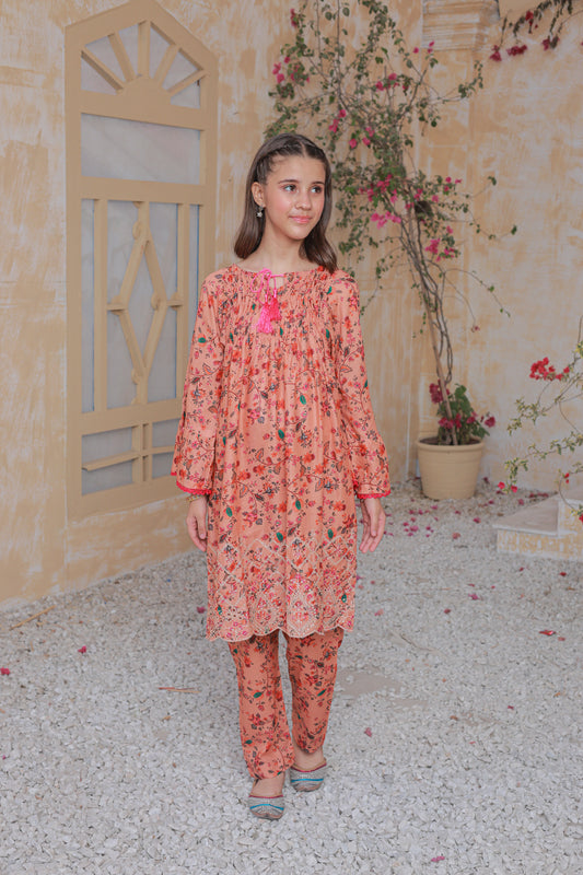 Creamy Peach 2pcs Short Frok Suit-KST 059