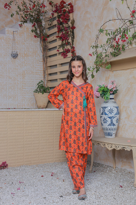 Fire Orange Angrakha Style 2pcs Suit-KST 057