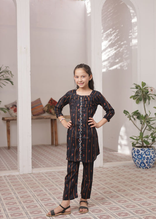 Raven Black 2pcs Printed Frock Suit-KST 046