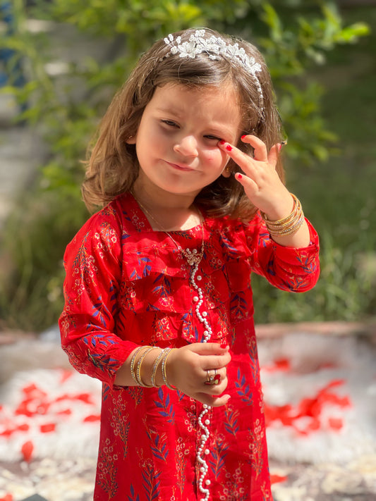 Crimson Pink 2pcs Printed Frock Suit-KST 043