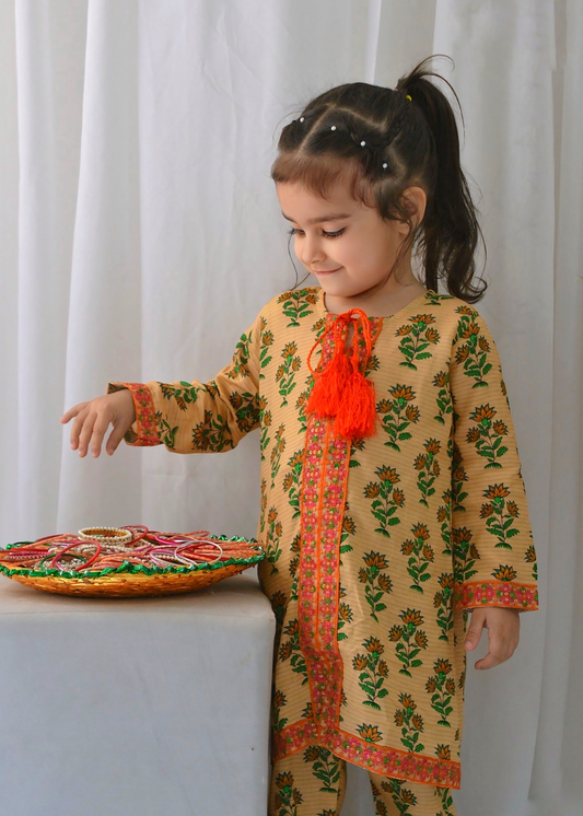 Yellow Cream Front Open Embroidered 2pcs-KST 065