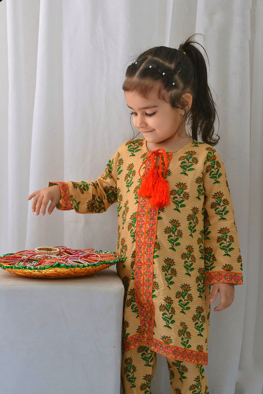 Yellow Cream Front Open Embroidered 2pcs-KST 065