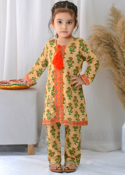 Yellow Cream Front Open Embroidered 2pcs-KST 065