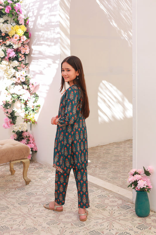 Sea Green Front Open Embroidered 2pcs-KST 006