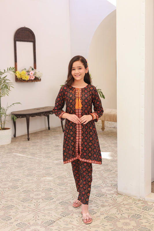 Black Front Open Embroidered 2pcs-KST 005