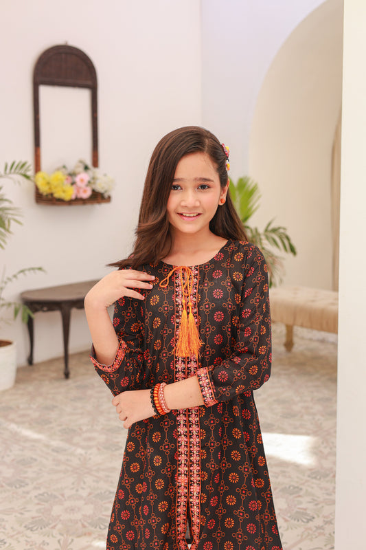 Black Front Open Embroidered 2pcs-KST 005