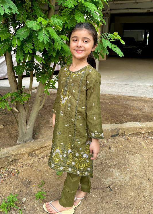 Olive Green Embroidered Suit KST 0073