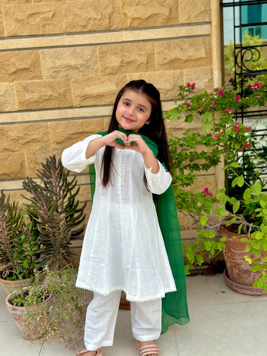 White Short frock With Green Dupata KST 067