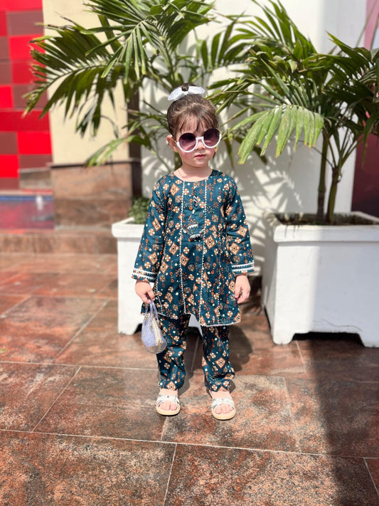 Spring Green 2pcs Printed Frock Suit-KST 045