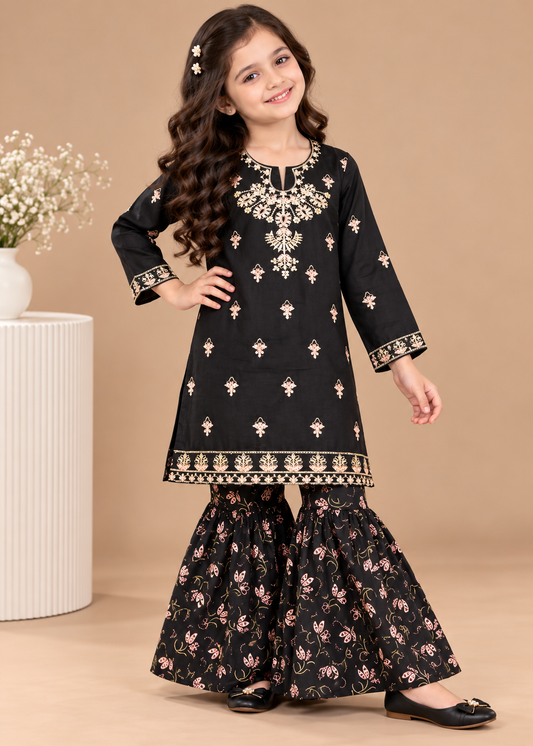 Carbon Black Embroidered Gharara KST 234