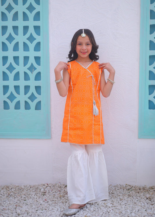 Pumpkin Orange 2pcs Airline Shirt With Gharara-KG 008