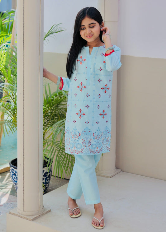Light Blue Embroidered 2Pcs Suit KST 129