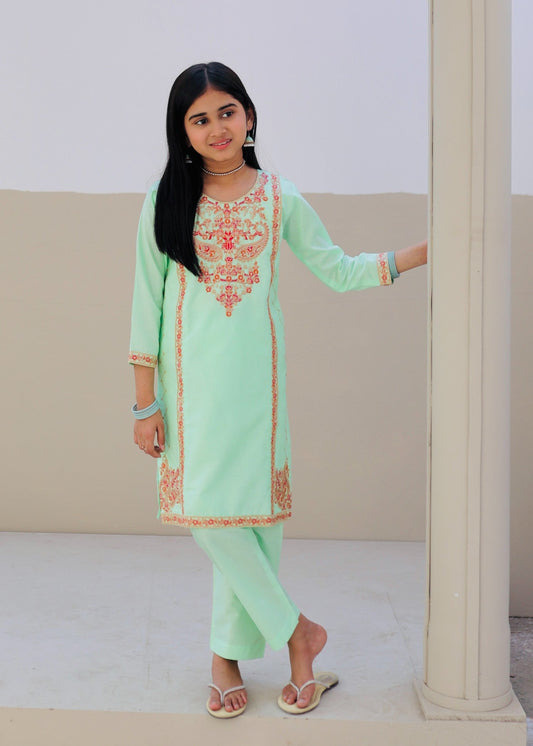 Tea Green Embroidered 2Pcs Suit KST 128
