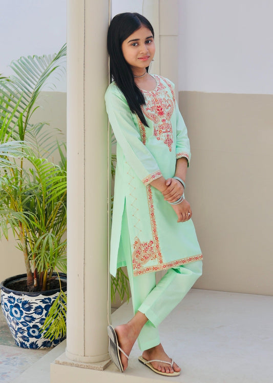 Tea Green Embroidered 2Pcs Suit KST 128