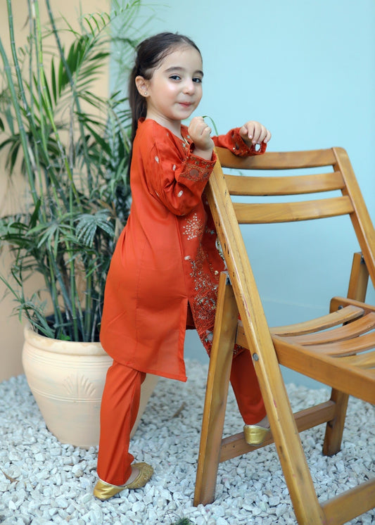 Chilli Orange 2pcs Embroidered Suit KST 075
