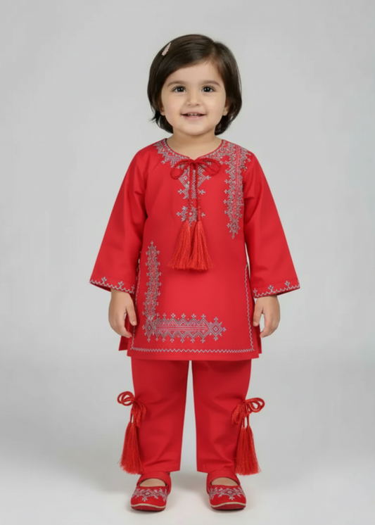 Red 2pcs Embroidered Set KST 097