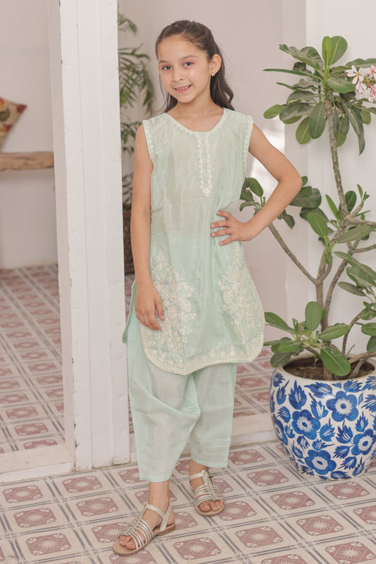 Ice Green 2pcs Raw Silk Farshi Shalwar Suit-KST 053