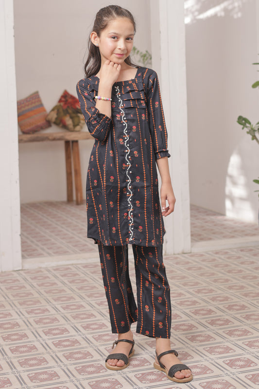 Raven Black 2pcs Printed Frock Suit-KST 046