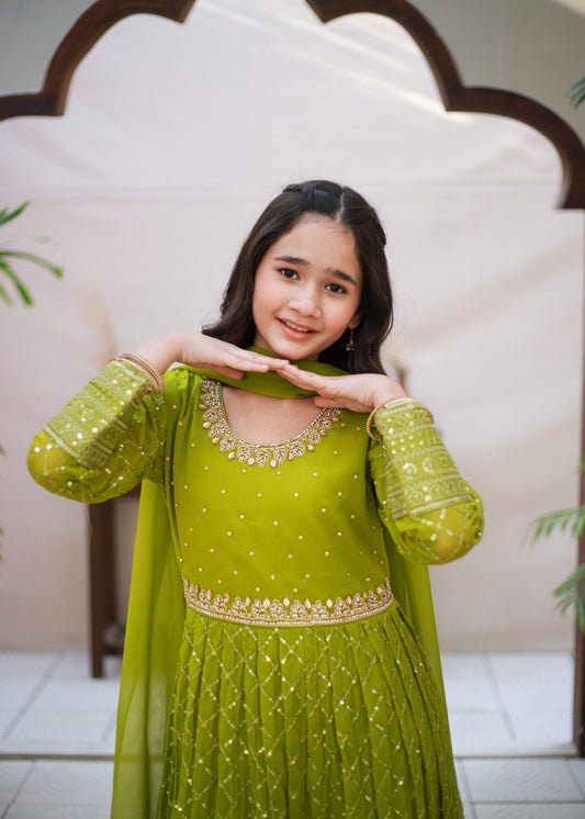 Olive Green Long Frock 3pcs KST 181