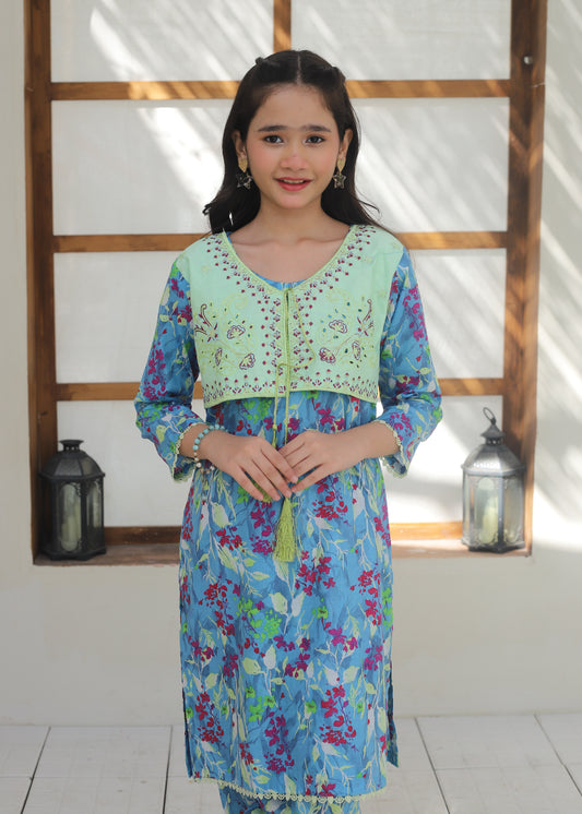 Blue Lagon & Mint Green Koti Style 2Pcs Suit KST 137