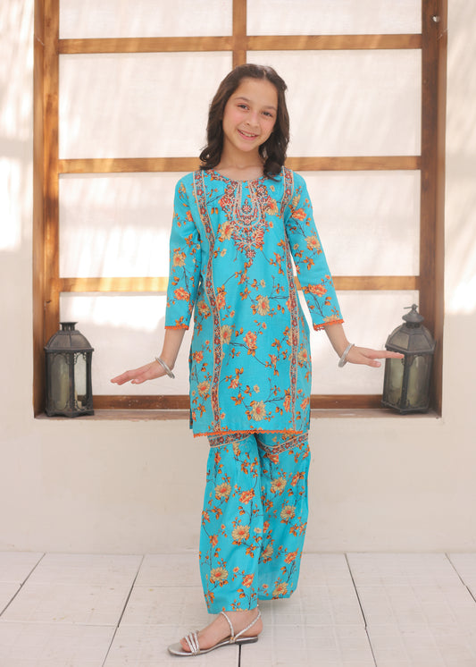 Turquoise Blue Embroidered Gharara KST 149