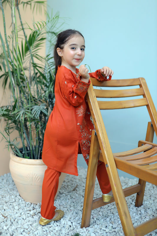 Chilli Orange 2pcs Embroidered Suit KST 075