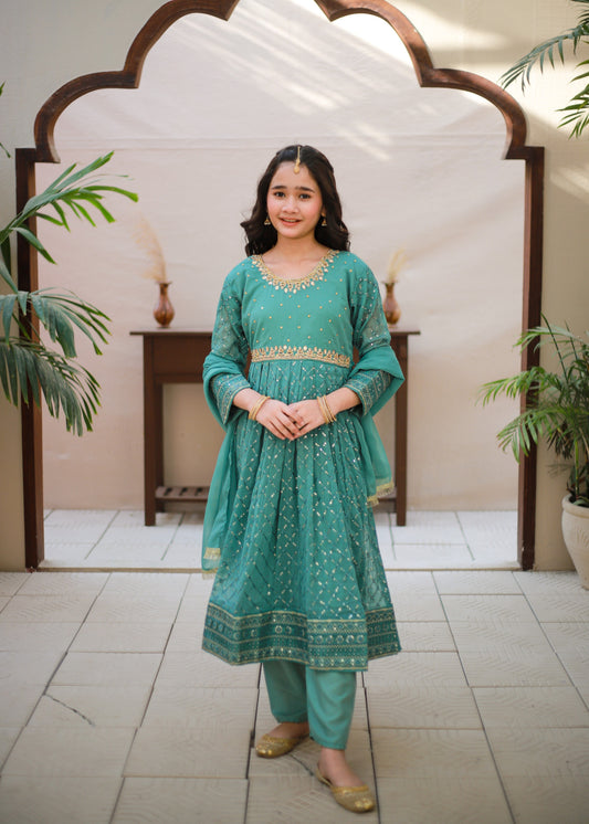 Turquoise Long Frock 3pcs  KST 182