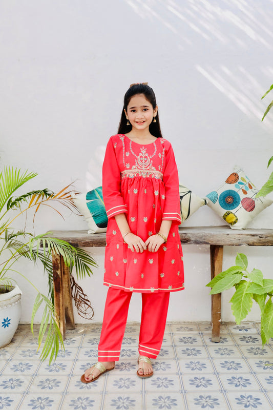Poppy Red Embroidered 2Pcs Suit KST 110