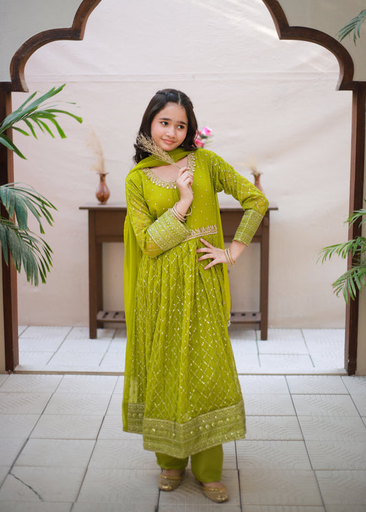 Lawn Green Long Frock 3pcs KST 181