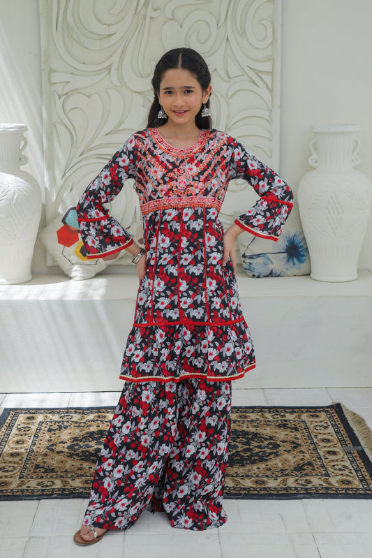 Black & Multi Prints Embroidered Gharara KST 192