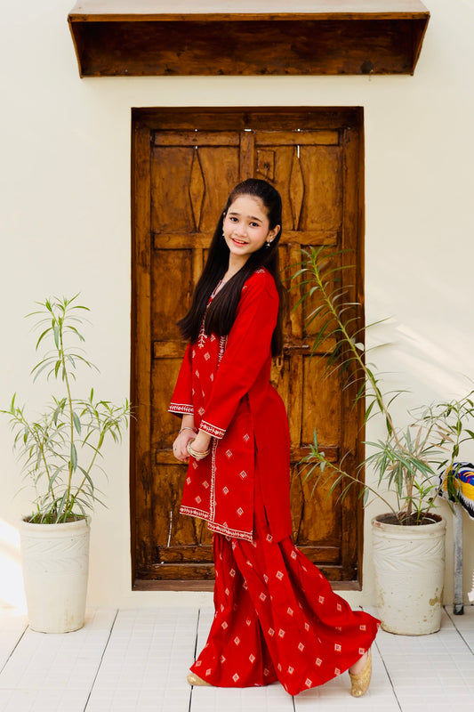 Imperial Red Embroidered Gharara KST 113