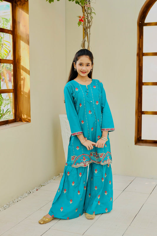 Dark Cyan Embroidered Gharara KST 116