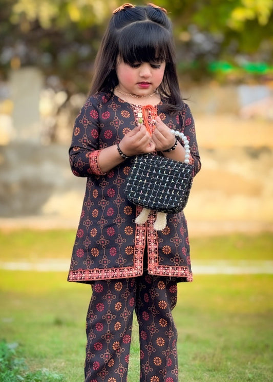 Black Front Open Embroidered 2pcs-KST 005