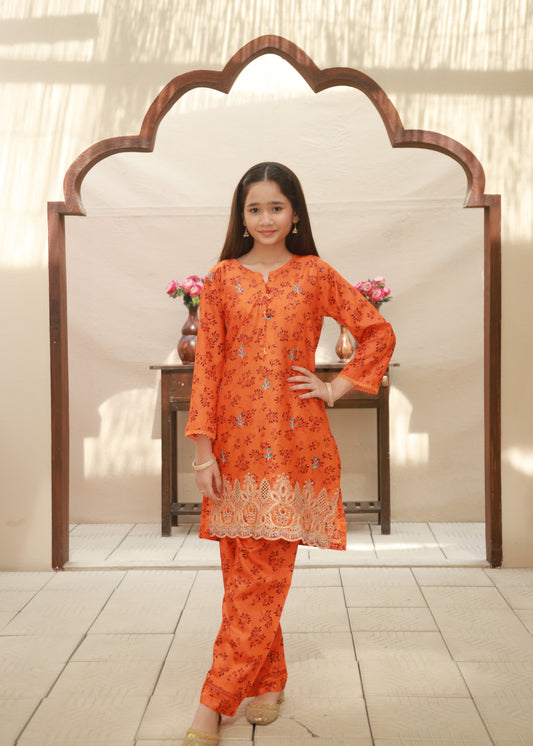 Bright Orange 2pcs Embroided Set KST 156